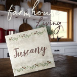 Monogram Olive Garland Rustic Brown Tuscany Kakelplatta<br><div class="desc">Trädgård av grenar,  rustisk vattenfärg. Toscanskript i koordinerande brunt. Blanda och matcha med andra plattor för att skapa perfektens utseende. 100 % kundtillfredsställelse med "Zazzle" varje dag.</div>