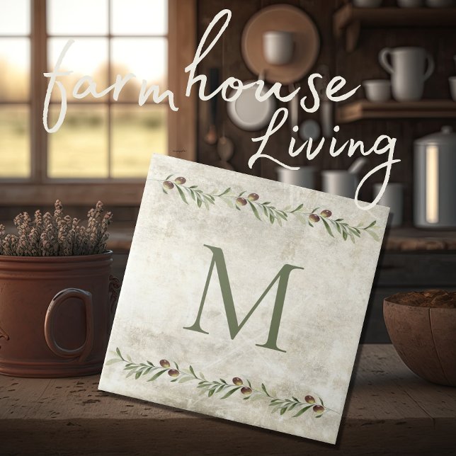 Monogram Olive & Grenar Rustic Personlig Kakelplatta (Skapare uppladdad)