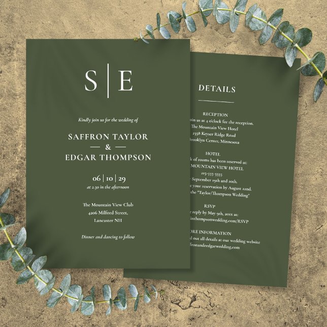 Monogram Olivgrön Bröllopspaket Allt-i-ett Inbjudningar (Monogram Olive Green All In One Wedding Invitation)