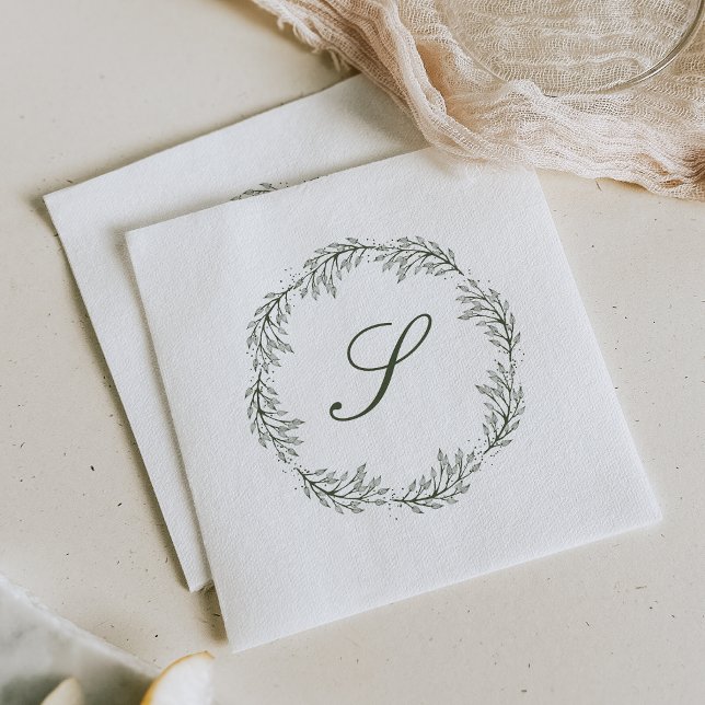 Monogram Olivgrön Krans Klassisk Bröllopsskrift Pappersservett (Skapare uppladdad)