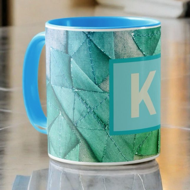 Monogram ombre blue teal grönt nautisk abstrakt kaffemugg (Skapare uppladdad)