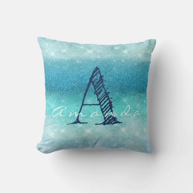 Monogram Ombre Namn Blue Aqua Ocean Navy Glitte Kudde (Framsida)