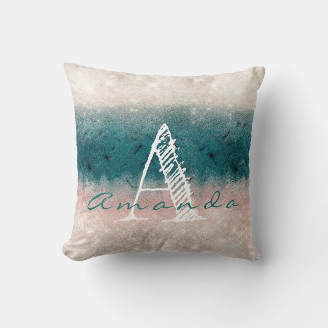 Monogram Ombre Namn Ivory Beige Pastel Teal White Kudde (Framsida)