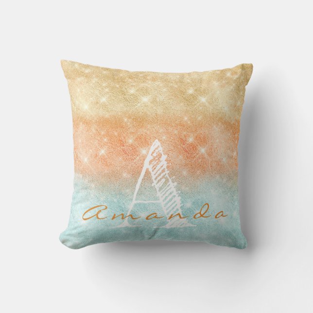 Monogram Ombre Namn Tiffany Aqua Peach Guld Blue Kudde (Framsida)
