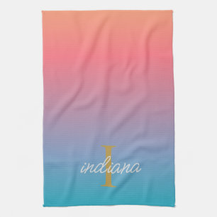 Monogram Orange Blå Ombre Modernt Skriptnamn Kökshandduk