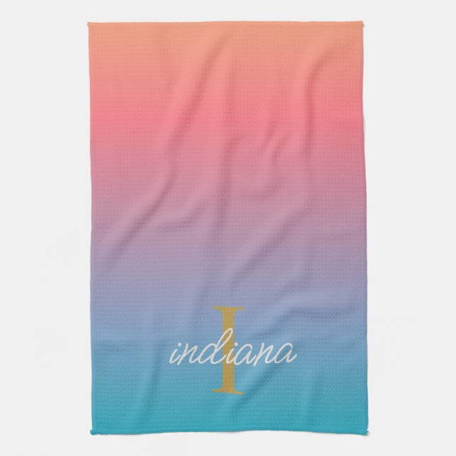 Monogram Orange Blå Ombre Modernt Skriptnamn Kökshandduk (Vertikal)
