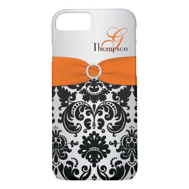 Monogram Orange Black Silver Damask iPhone 7 Fodra Case-Mate iPhone Skal (Baksida)