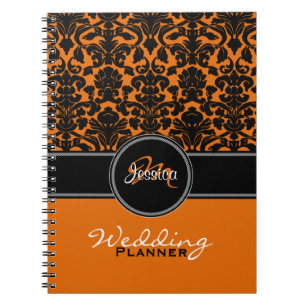 Monogram Orange Black White Damask bröllopsplan Anteckningsbok