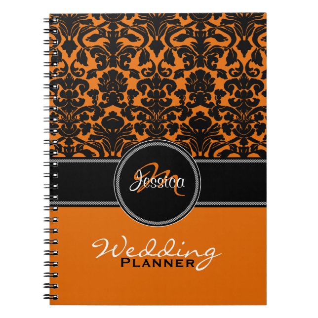 Monogram Orange Black White Damask bröllopsplan Anteckningsbok (Framsidan)