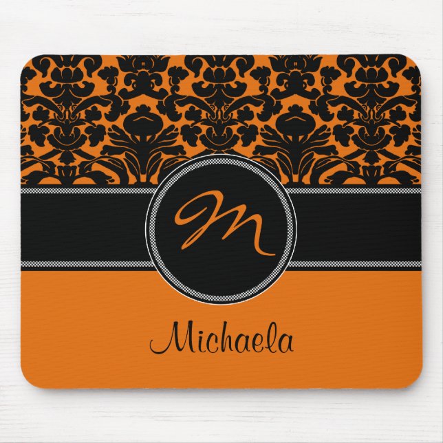 Monogram Orange Black White Damask Mousepad Musmatta (Framsidan)