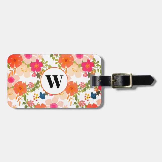 Monogram Orange Blommigt Botancial Luggage Tag Bagagebricka (Horisontell Framsida)
