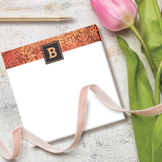 Monogram orange botanik löv mönster fet chic post-it block (Skapare uppladdad)