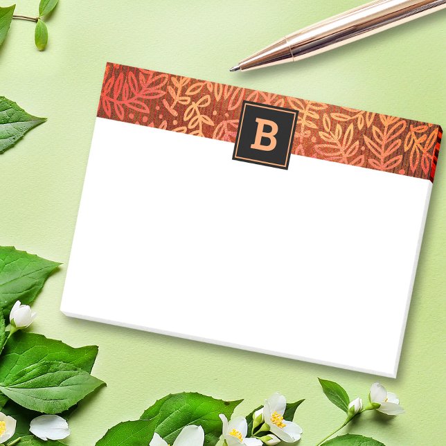Monogram orange botaniskt löv mönster modernt post-it block (Skapare uppladdad)
