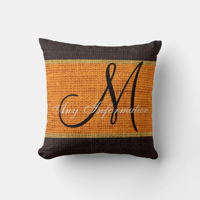 Monogram Orange & Brown Rustic Burlap Jute Kudde (Framsida)