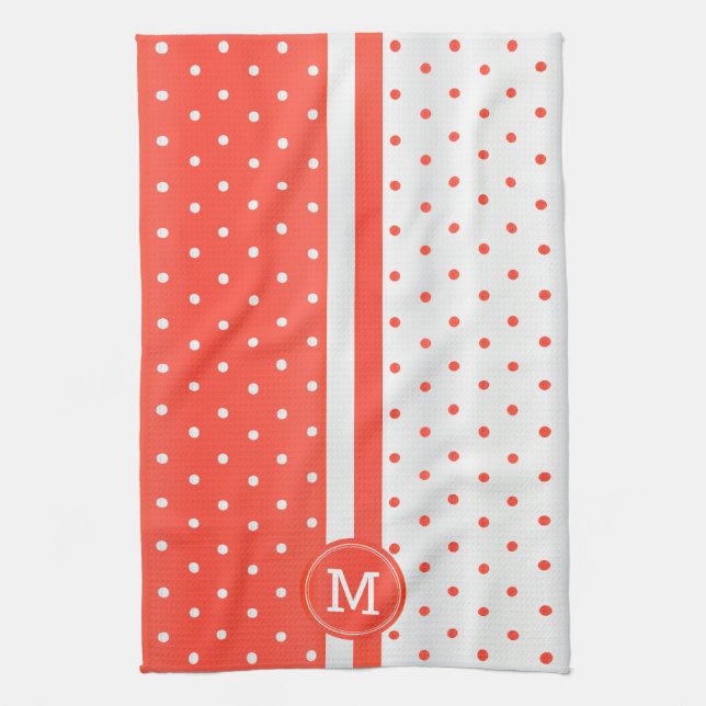 Monogram Orange Coral and White Polka Dot Kökshandduk (Vertikal)