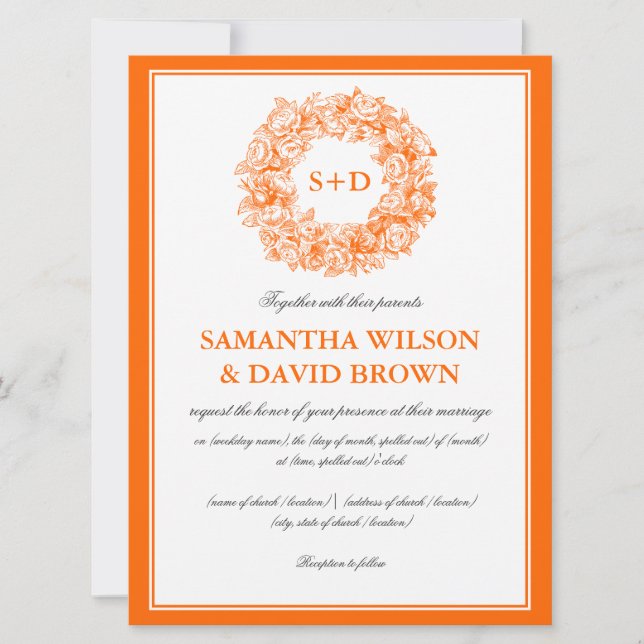Monogram Orange för Blommigt i Elegant bröllop Vin Inbjudningar (Framsida)