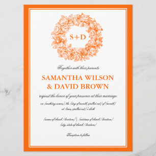 Monogram Orange för Blommigt i Elegant bröllop Vin Inbjudningar