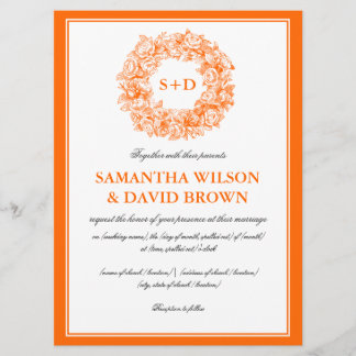 Monogram Orange för Blommigt i Elegant bröllop Vin Inbjudningar