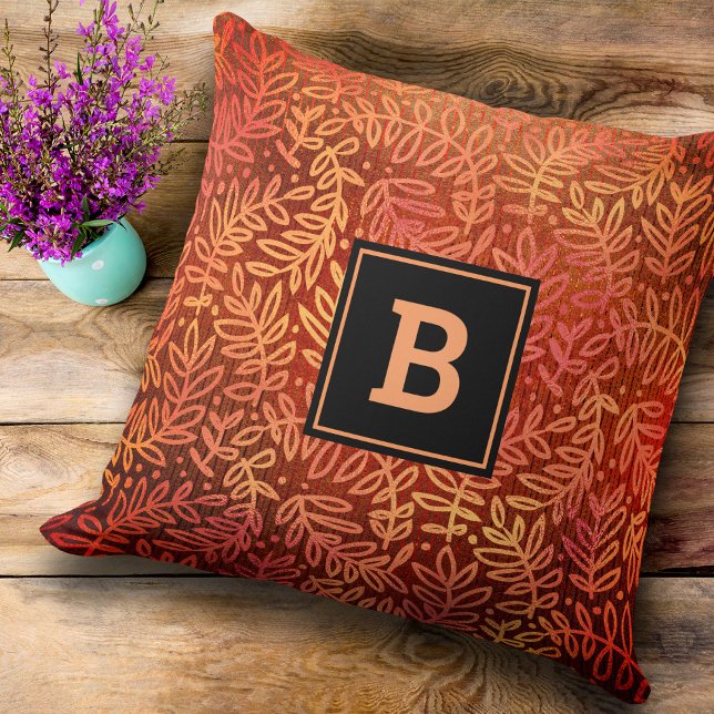Monogram orange guld löv mönster, modern löv kudde (Skapare uppladdad)