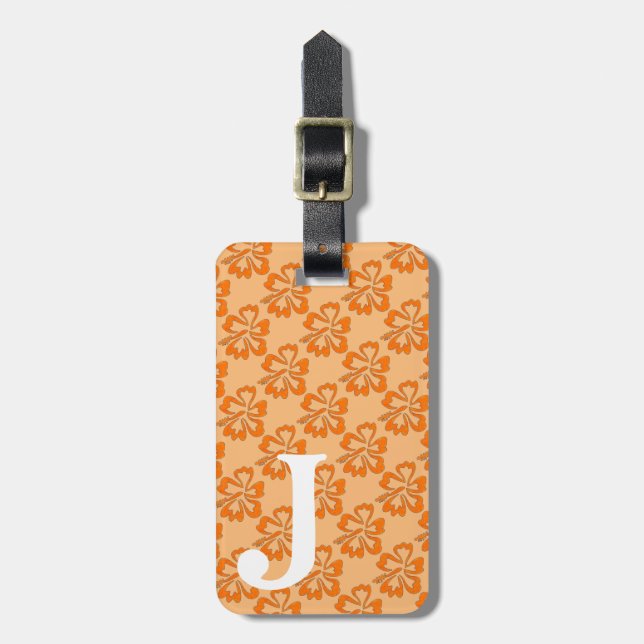 Monogram Orange Hibiscus Flower Blommigt Hawaiian Bagagebricka (Vertikal Framsida)