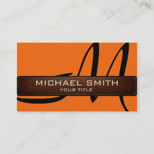 Monogram Orange Modern läder-utseende Visitkort