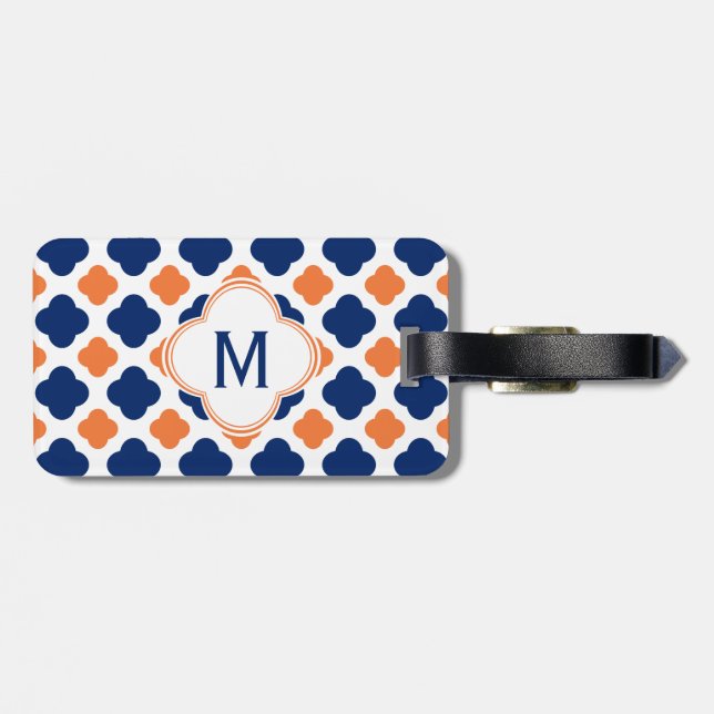 Monogram Orange och Royal Blue Quatrefoil Bagagebricka (Baksida Vågrät)