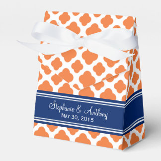 Monogram Orange och Royal Blue Quatrefoil Bröllop Presentaskar
