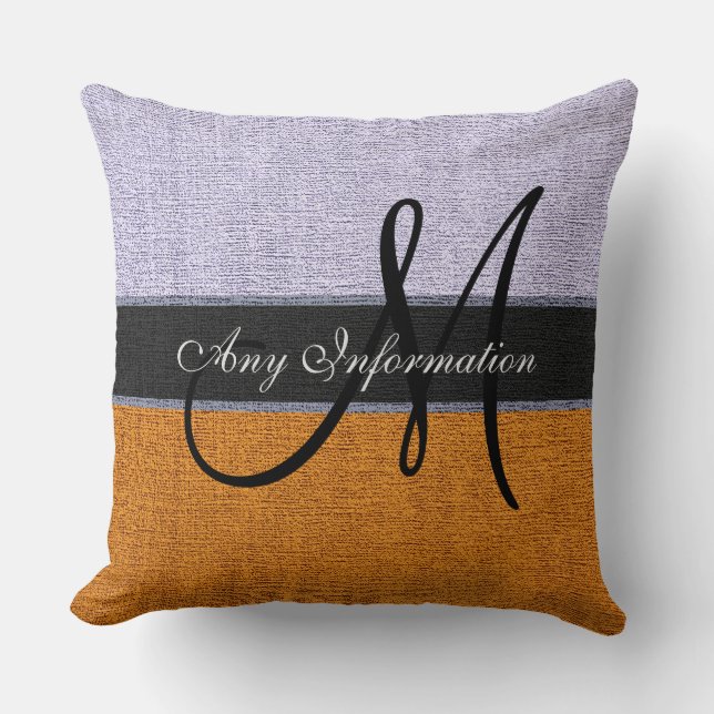 Monogram Orange och Silver Burlap Rustic Jute Kudde (Framsida)