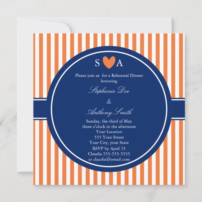 Monogram Orange och vit Rand med Royal Blue Inbjudningar (Framsida)