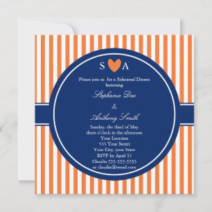 Monogram Orange och vit Rand med Royal Blue Inbjudningar
