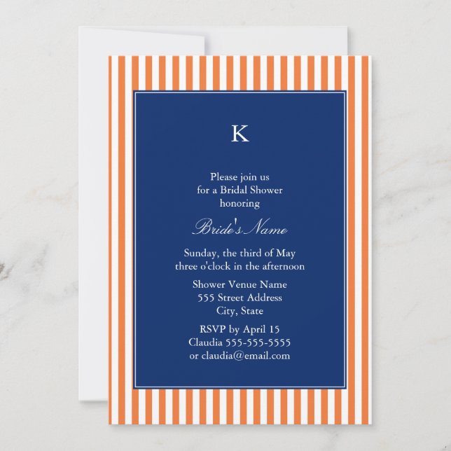 Monogram Orange och vit Rand med Royal Blue Inbjudningar (Framsida)
