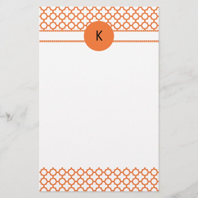 Monogram Orange Quatrefoil Mönster Brevpapper (Framsida)