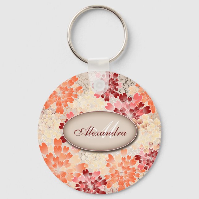 Monogram Orange Red & Cream Flowers Retro Nyckelring (Framsida)