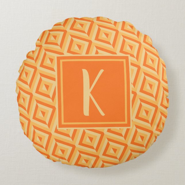 Monogram Orange Trefärgad Diamantmönster Rund Kudde (Framsidan)