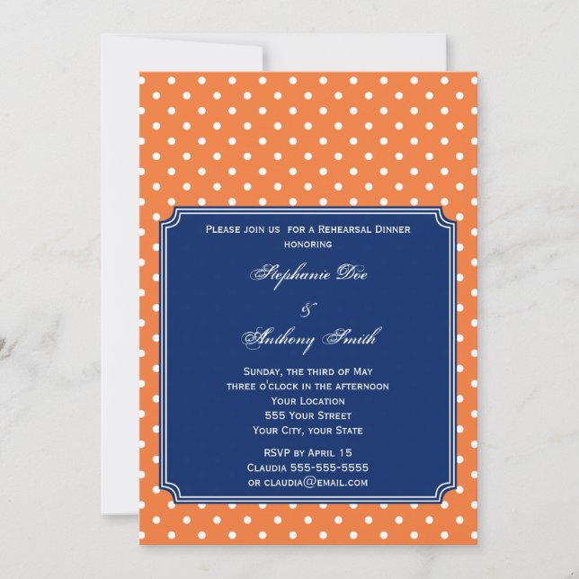 Monogram Orange, Vit prickig med Royal Blue Inbjudningar (Framsida)