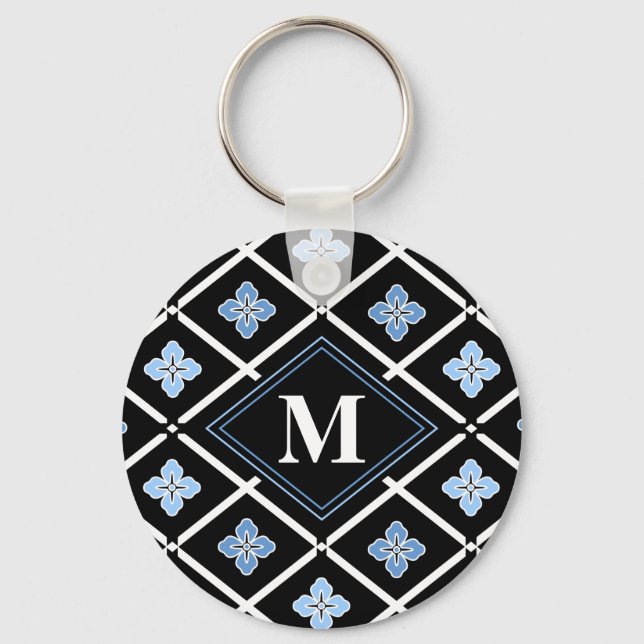 Monogram Oriental Blue Sakura Mönster Nyckelring (Framsida)