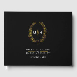 Monogram oval löv, svart, vit bröllop gästböcker