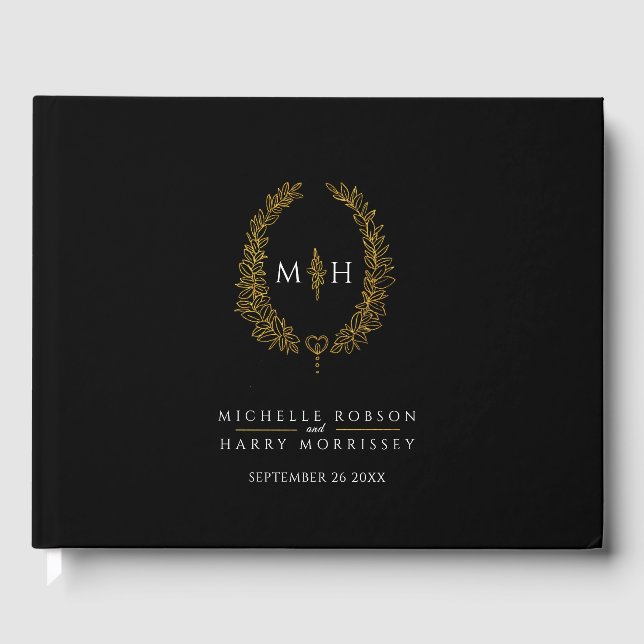 Monogram oval löv, svart, vit bröllop gästböcker (Framsida)