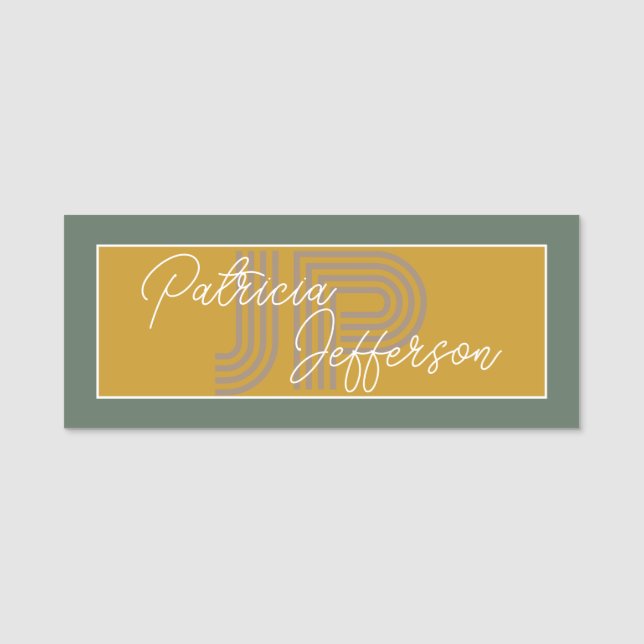 Monogram över handskriven Gult och Grönt Namnbricka (Framsida)