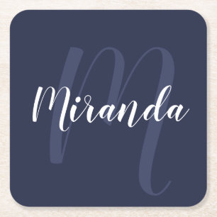 Monogram över marinblå Personlig och Namn Underlägg Papper Kvadrat