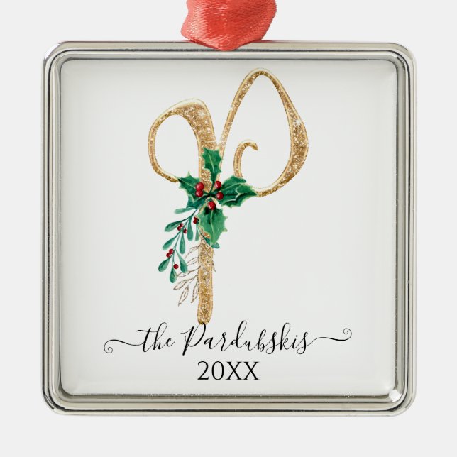 Monogram P Glitter Guld jul Holly Foliage Julgransprydnad Metall (Framsidan)