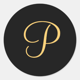 Monogram P, guld färgad initial P på svart. Runt Klistermärke