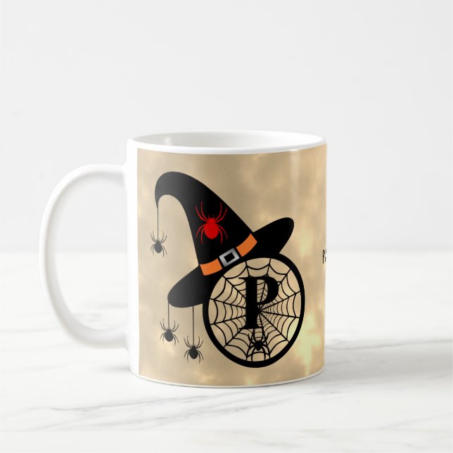 Monogram P Halloween Himlar Witch Spiders Namn Kaffemugg (Vänster)