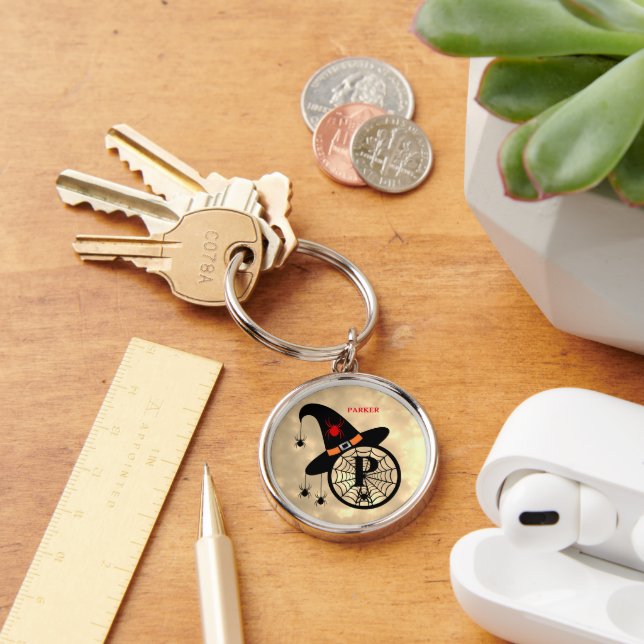 Monogram P Halloween Himlar Witch Spiders Namn Rund Silverfärgad Nyckelring (Skrivbord)