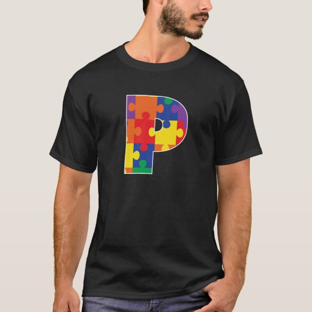 Monogram P in Multi Color Puzzle Pieces T Shirt (Framsida)