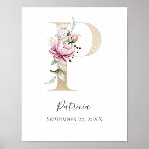 Monogram P Rosa Vit Blommig Guld Bokstav Barnkamma Poster