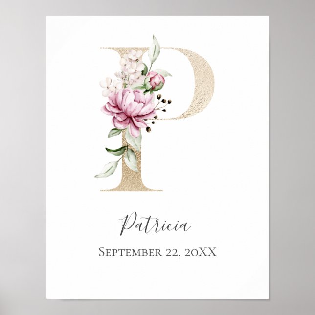 Monogram P Rosa White Blommigt Guld Brev Nursery Poster (Framsidan)