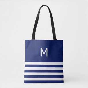 Monogram på blå och vit randig tygkasse