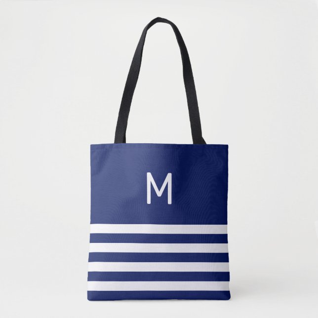 Monogram på blå och vit randig tygkasse (Framsida)
