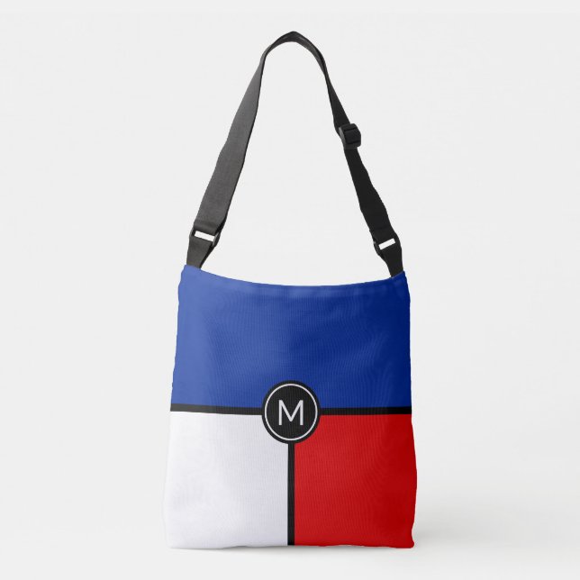 Monogram på blå, röd och vit axelväskor (Framsida)